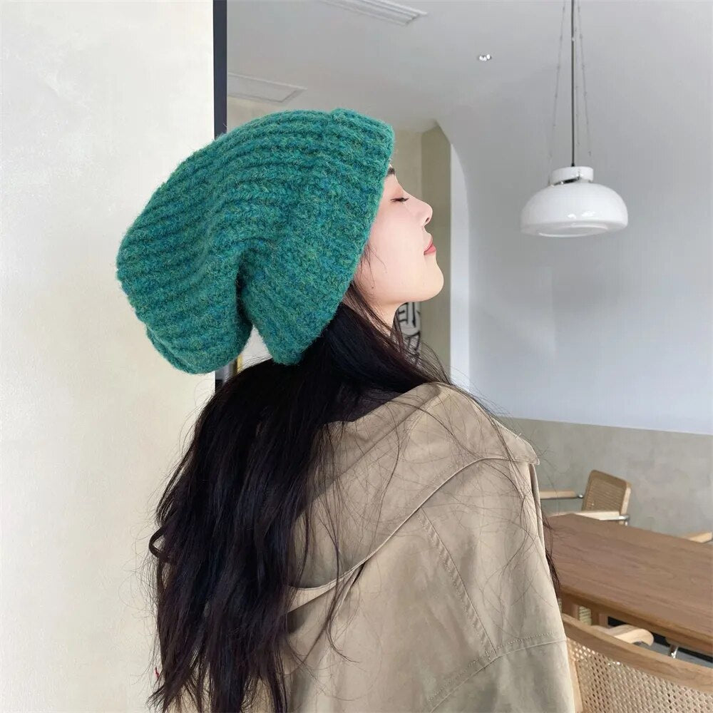 maoxiangshop Winter Unisex Wool Hat Loose Big Head Circumference Knitted Hats Women's Korean Warm Oversized Skullies Beanies Christmas Gift