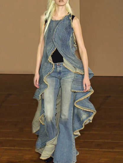 Fashionable Washed Ruffle Raw Trim Sleeveless Denim Jacket Vintage High Street Asymmetric Tassel Dovetail Denim Top for Women
