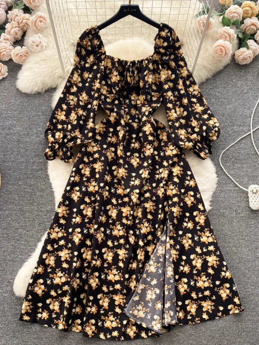 French Floral Casual Dress Women Vintage Square Neck Bubble Long Sleeved Beach Dresses Ladies Split Summer Boho Long Robe