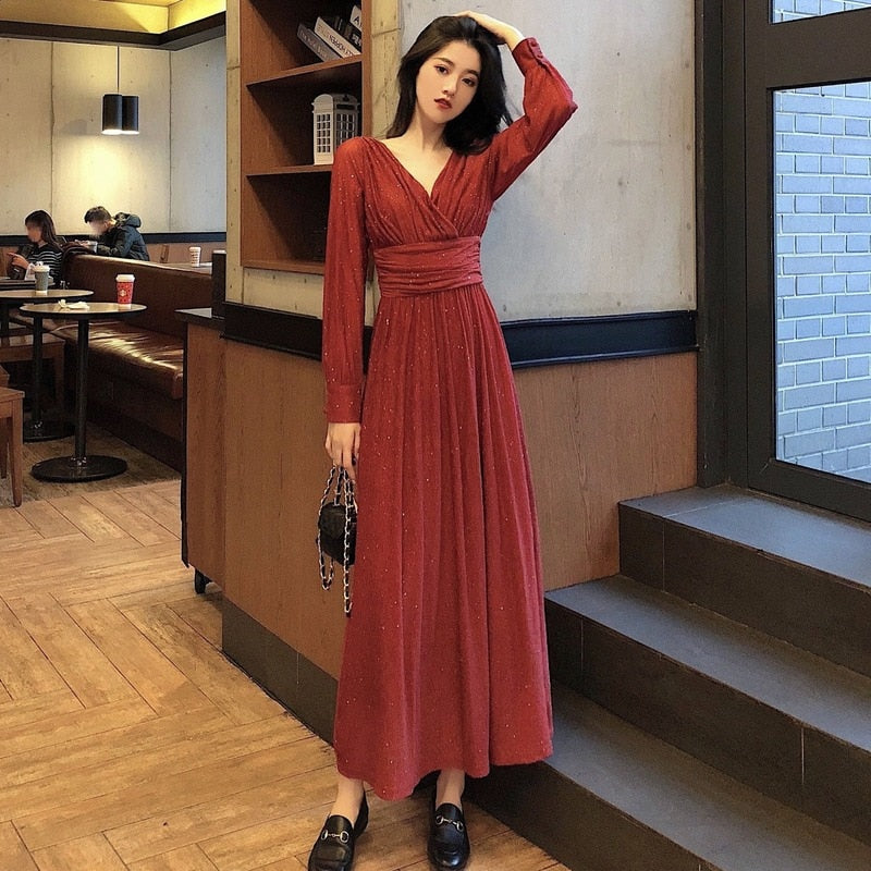 maoxiangshop Vintage Sexy Maxi Dresses for Women Party Sequin Midi Dress Female Casual Chiffon Slim Korean Woman Dress Elegant Autumn