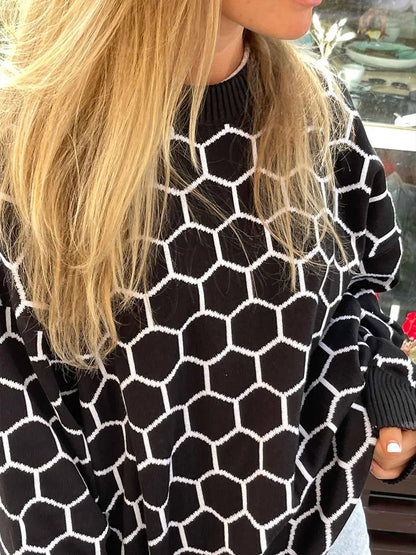 maoxiangshop  -  Autumn New Pullover Sweater Women's Retro Plaid Print Loose Casual Knitted Top  Long Sleeve Round Neck Female Fashion