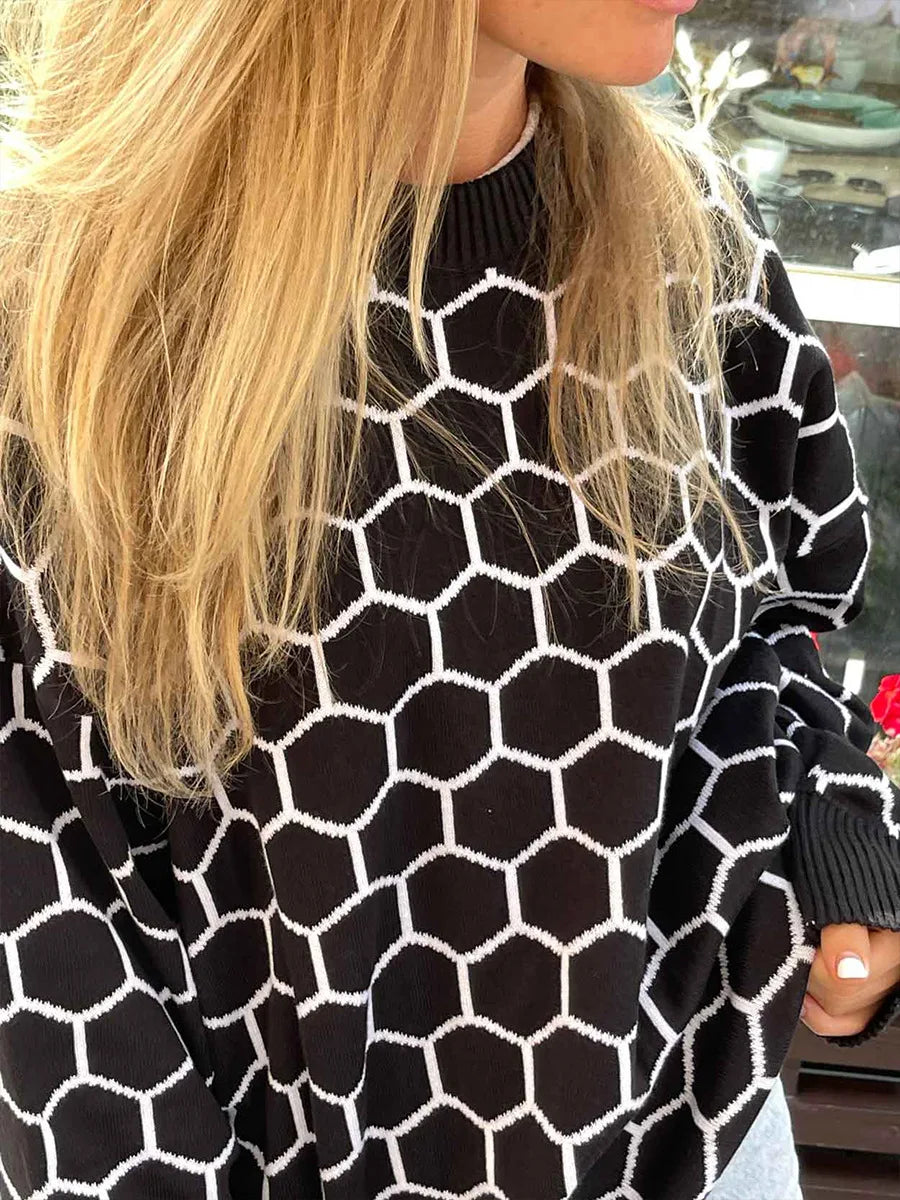 maoxiangshop  -  Autumn New Pullover Sweater Women's Retro Plaid Print Loose Casual Knitted Top  Long Sleeve Round Neck Female Fashion