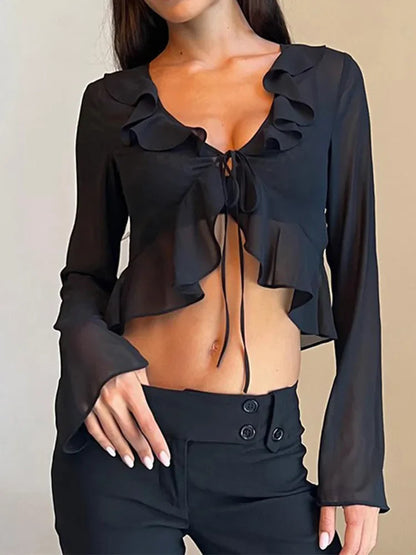 Vintage 90s Streetwear Ruffles Trim Green Chiffon T-shirts Y2K Fashion Sexy Deep V Lace Up Long Sleeve Tops Transparent
