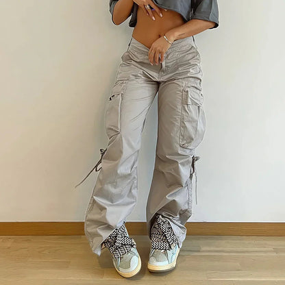 Y2K Women Vintage Cargo Pants Fashion Streetwear Low Waist Wide Leg Straight Trousers Big Pockets Baggy Casual Solid Sweatpants