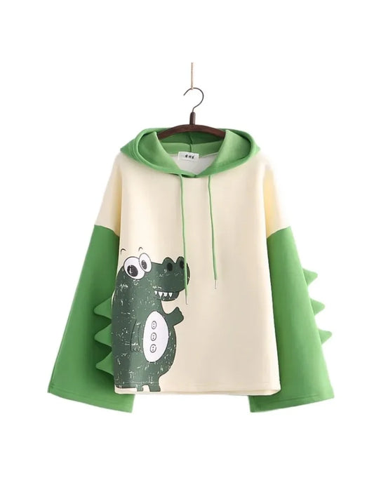 maoxiangshop Kawaii dinosaur print Harajuku Women Hoodies Fleece Hooded Sweatshirt Winter Sweet Style Korean Ladies Drawstring Tops