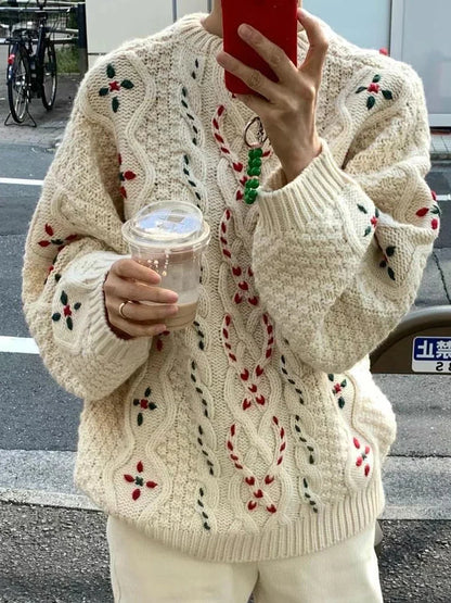 maoxiangshop  -  Korean Fashion Jacquard Sweater Women Round Neck Long Sleeve Knitted Pullover Autumn Winter Simple Casual Chic Jumper 2024 New