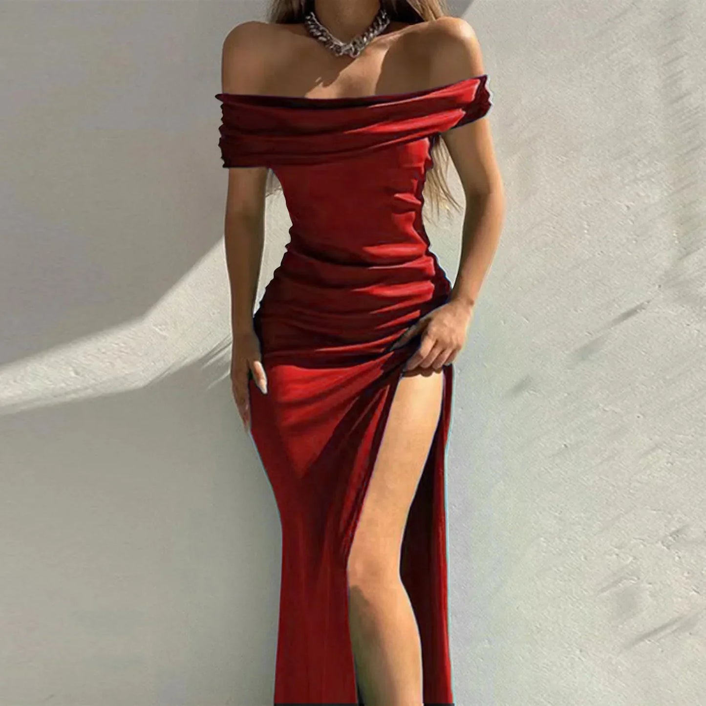 maoxiangshop-Women's Formal Dresses Fashion Solid Color Off Shoulder Satin Slim Side Slit Midi Dress Elegant Party Evening Dress For Women