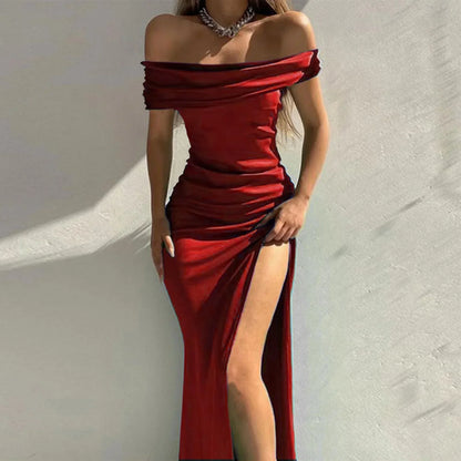 maoxiangshop-Women's Formal Dresses Fashion Solid Color Off Shoulder Satin Slim Side Slit Midi Dress Elegant Party Evening Dress For Women