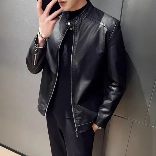 maoxiangshop New Men Leather Jacket Classic Slim Fit Motorcycle PU Leather Jacket Solid Color Standing Collar Men Large Black Leather Jacket