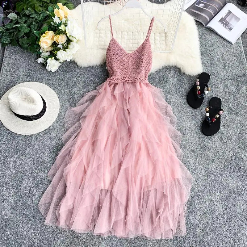 maoxiangshop Summer Sleeveless Sling Gauze Tulle Dress Women knit V-neck Sexy Backless Long Dresses Sweet Mesh Pink Party Dress Vestidos