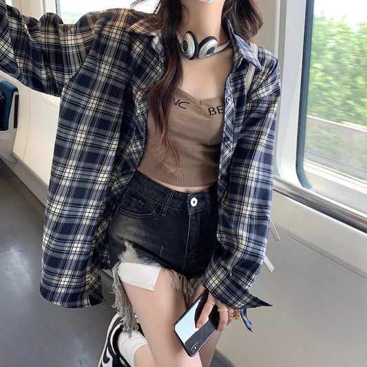 maoxiangshopVintage Plaid Shirt Streetwear Harajuku 90s Oversized Blouses Korean Style Long Sleeve Tops Men and Women Basics Casual