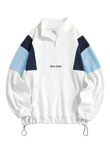 maoxiangshop Hoodie for Men Fluffy Polar Fleece Sweatshirts New York Embroidery Turtleneck Hoodies Pullover Color Block Zipper Sweats