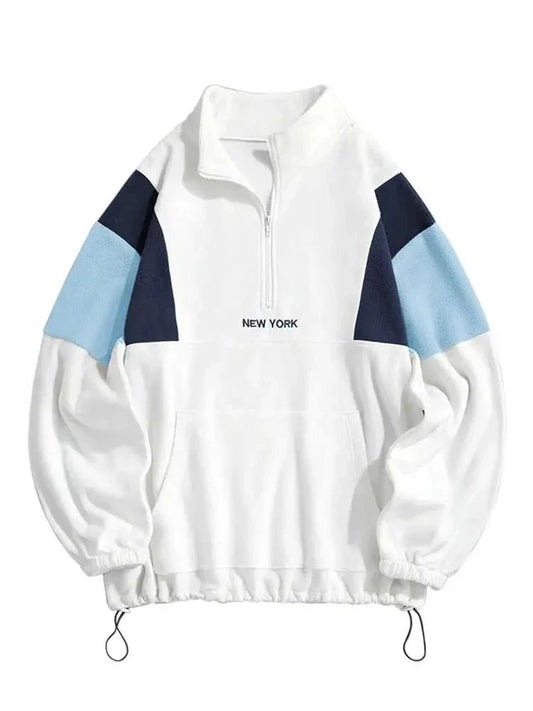 maoxiangshop Hoodie for Men Fluffy Polar Fleece Sweatshirts New York Embroidery Turtleneck Hoodies Pullover Color Block Zipper Sweats