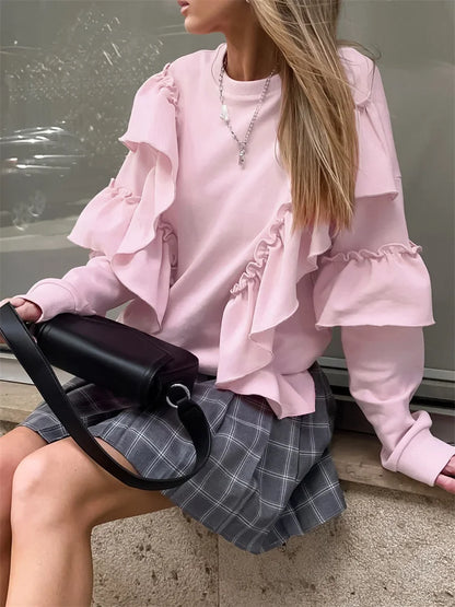 maoxiangshop  -  Autumn Knit Ruffled Pullover Women's Patchwork Fashion Loose Solid High Waist Knitwear Sweatshirts Female Elegant Hoodies