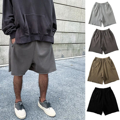 maoxiangshop Men Cotton Shorts Thick 380g Bodybuilding Short Sweatpants Fitness Jogger Gym Men Kanye Grey West Shorts Black Zipper Pockets