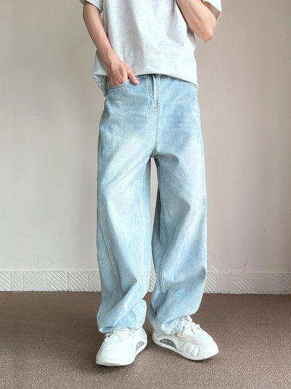 maoxiangshop Korean Fashion Men's Baggy Jeans Light Blue High Street Straight Wide Trousers Personalized Washed Y2k Pants Male