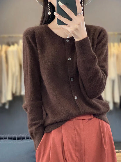 maoxiangshop Aliselect Women Cardigan Super Warm Pure Mink Cashmere Sweaters O-neck Loose Female Clothes Ladies' Solid Color Knitwear Tops