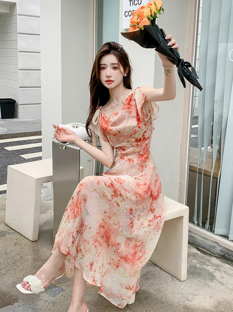 maoxiangshop French Floral Suspender Chiffon Dress Seaside Holiday Beach Long Dress Summer Fairy Temperament Korean Women's New Chic