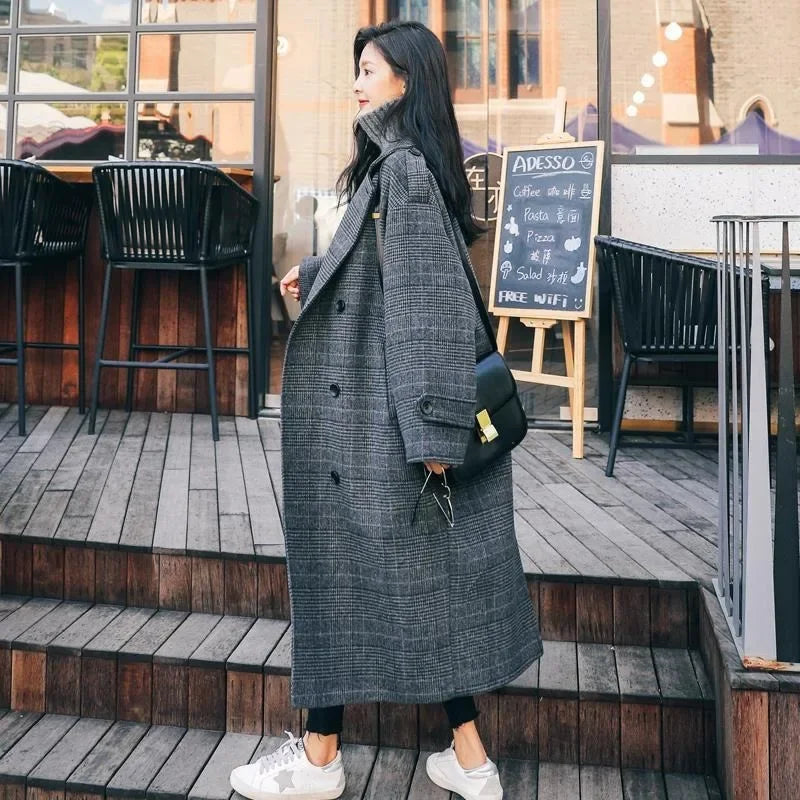 maoxiangshop Women Coat Plaid Tweed Wool Warm Long Jackets Female Overcoat Korean Fashion Outerwear Trench Coat Clothes Autumn Winter