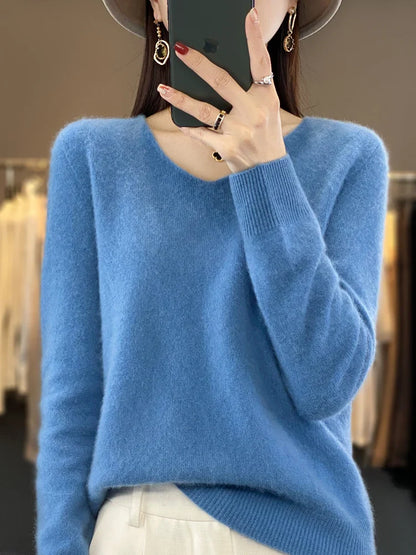 maoxiangshop Pure Wool V-Neck Sweater Women's Short Autumn And Winter All Loose And Thin Pullover Sweater Base Shirt Solid Color Authentic