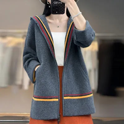 100% Merino Wool Cardigan Women's Hooded Collar Cashmere Coat Casual Knitted Thickened Jacket Fashion Korean Autumn/Winter Top