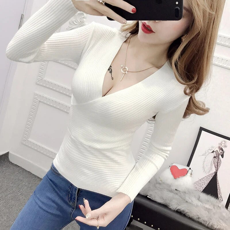 maoxiangshop Sexy Deep V Neck Sweater Women New Womens Clothing Slim Bottoming Large Elastic Knitwear Rib Cotton Long Sleeve Top Jerseys