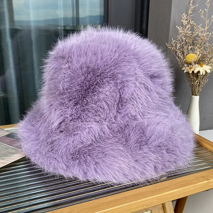 maoxiangshop y2k Fluffy Faux Fur Bucket Hat Women Rabbit Fur Warm Thick Plush Winter Hat Lady Luxury Fashion Furry Panama Fisherman Cap