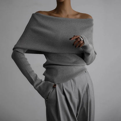 maoxiangshop  -  Women's Sweater Pullovers Long Sleeve Knitted One-Shoulder Sexy Slim Top Solid Color Autumn Winter 2024 Fashion Casual