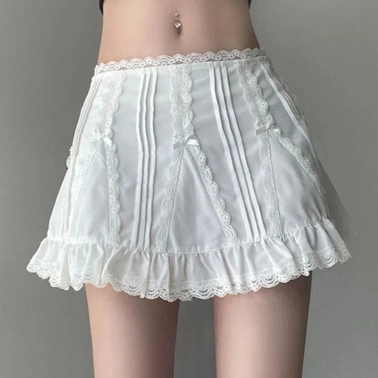 maoxiangshop Casual Slim Solid Lace A-Line Skirt Coquette Style Bow Mid-Waisted Mini Skirts Women Summer Fashion Streetwear Lady