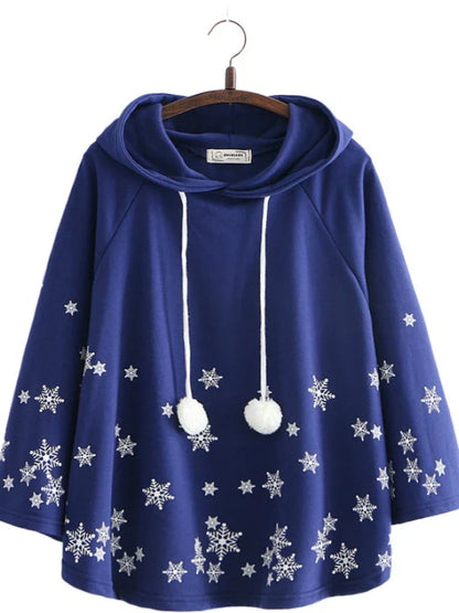 Women Coat Cloak Bat Sleeved Cartoon Snowflake Print Hooded Jacket Autumn Winter Batwing Sleeve Sweet Ladies Basic Outwears