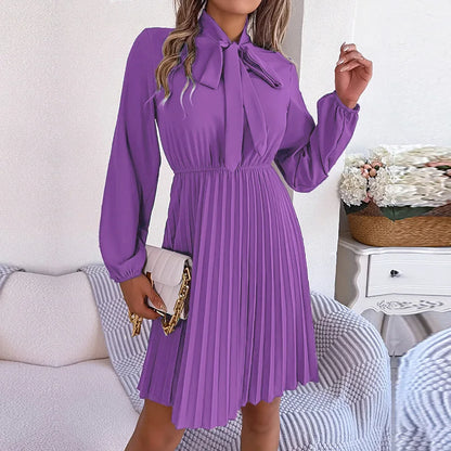 maoxiangshop Women's New Autumn Winter Temperament Lace Up Solid Color High Waist Long Sleeve Pleated Dress