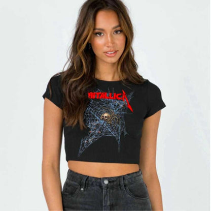 maoxiangshopGoth Skeleton cobweb print grunge graphic short sleeve crop top y2k Harajuku Punk basic Tee Slim T-shirt dress sexy black