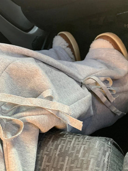 maoxiangshop  -  Casual Thick Trousers Women Loose Lace Up Bow Grey Fashion Elastic Waist Pants Female 2024 Autumn Winter Solid Warm Soft Pant