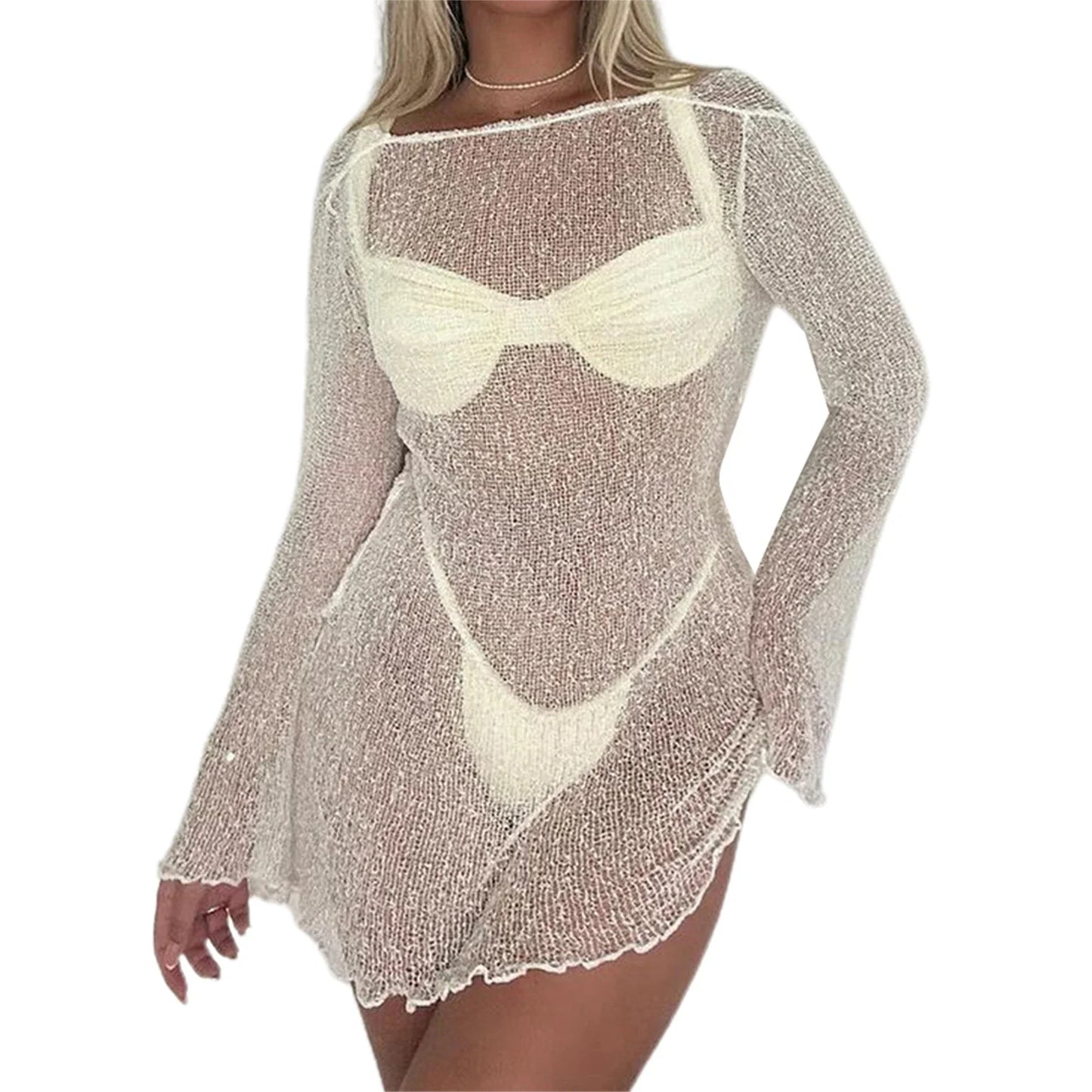 Women Bikini Cover-Ups Sexy Ladies See-Through Long Sleeve Backless Beach Knitted Mini Dress Swimwear Sunscreen Dresses