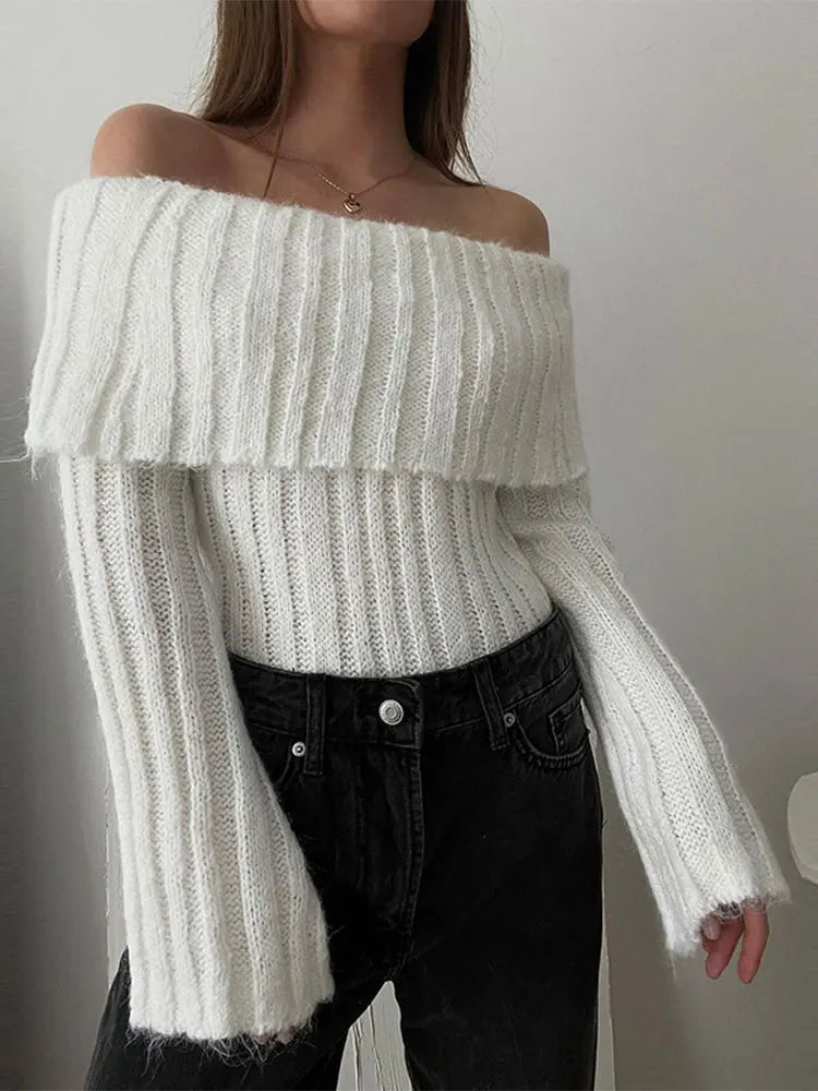 maoxiangshop -  Rib Knit Off Shoulder Pullover For Women Fashion Long Sleeved White Warm Knitwear Sweater Autumn Chic Female Street Jumper