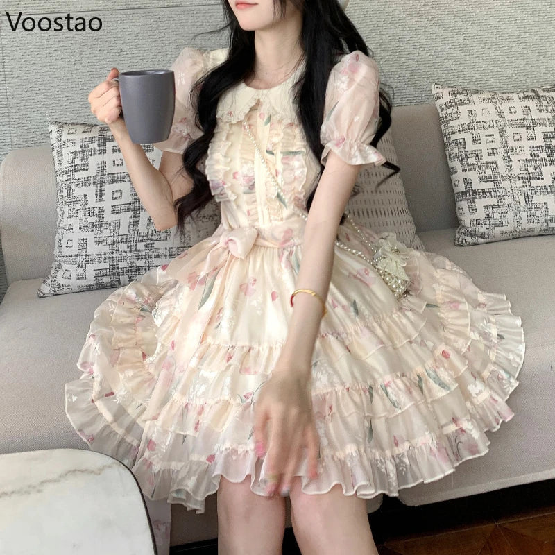 maoxiangshop Summer Sweet Lolita Style Fairy Dress Women Cute Peter Pan Collar Floral Ruffles Princess Dresses Female Chic Vacation Vestidos