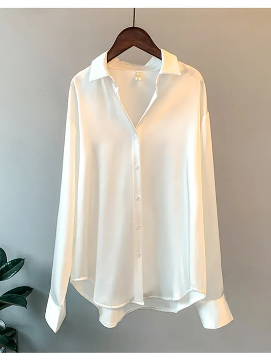 maoxiangshop Office Lady Sheer Top Long Sleeve Shirt Overshirt Satin Shirt Womens Clothing Elegant Women's Luxury Designer Blouses Korean