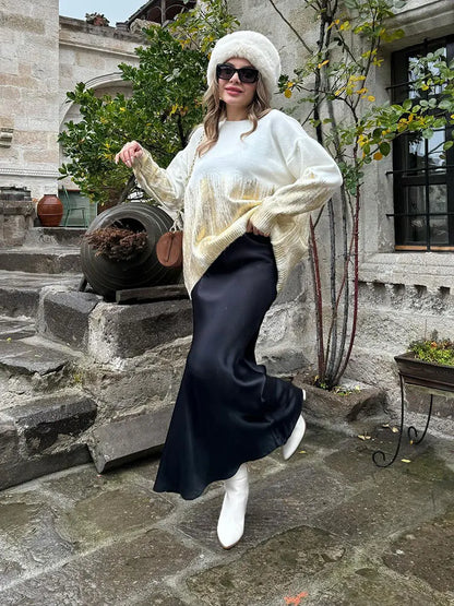 maoxiangshop  -  Loose Tie Dyed Shiny Metallic Sweater Women Round Neck Long Sleeve Knit Pullover 2024 Spring Autumn Fashion Lady Street Jumper