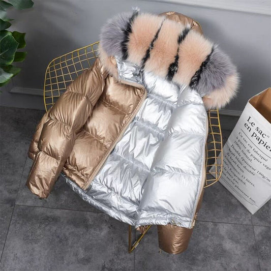 maoxiangshop Gold Silver Double Side Down Coat Winter Jacket Women Big Aritificial Fur White Duck Down Parkas Female Down Outerwear