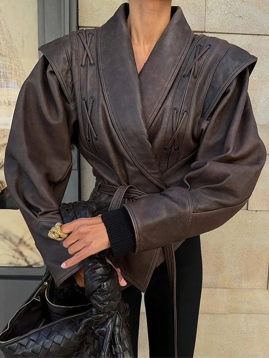 maoxiangshop  -  Fashion Leather Woman Short Jacket With Belt Turn Down Collar Long Sleeve Motorcycle Coat Ladies Winter Warm Street Outerwear