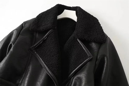maoxiangshop  -  Autumn Winter Women Warm Black Zipper Faux Leather Jacket Coat Loose Turn Down Collar Thickness Overcoat Female Outwear