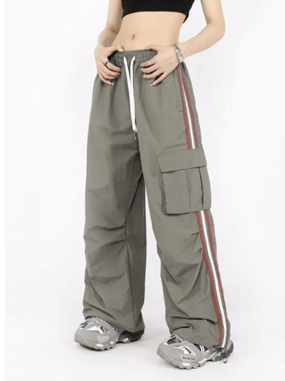 Y2K Kpop Cargo Pant Women Drawstring Pockets Wide Leg Chic Punk Pants Baggy Striped Sports Sweatpants Parachute Jogger Trousers