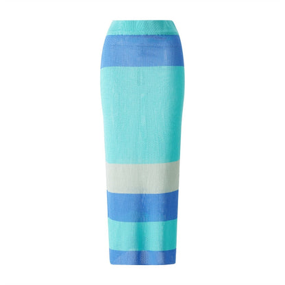 maoxiangshop Female Crochet Hollow Out Skirt Solid/Stripe Patchwork Casual Fashion Clothes Women Elastic High Waist Wrapped Long Skirts S M L