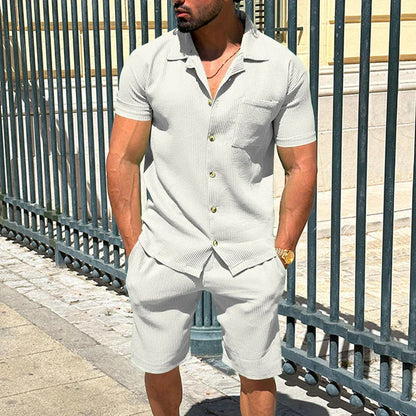 maoxiangshop Solid Color Texture Shirts And Shorts Mens Two Piece Sets Summer Casual Short Sleeve Buttoned Lapel Shirt Outfits Men Streetwear