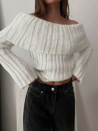 maoxiangshop -  Rib Knit Off Shoulder Pullover For Women Fashion Long Sleeved White Warm Knitwear Sweater Autumn Chic Female Street Jumper