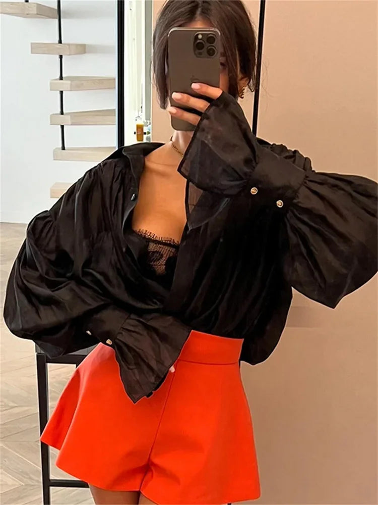 maoxiangshop  -  Autumn See-Through Casual Shirts Top For Women Loose Slim Long Sleeve Lapel Cardigan Streetwear Women's Pleated Shirts Top
