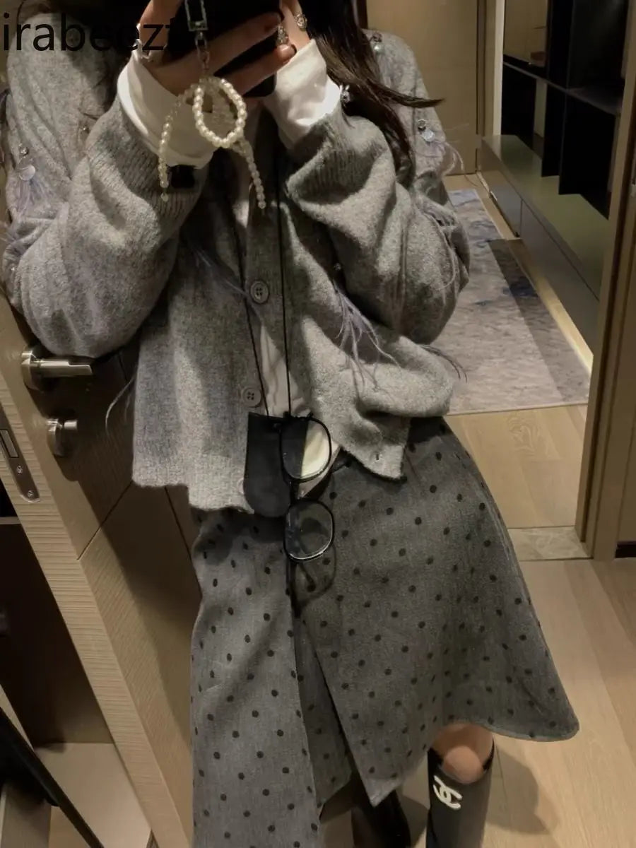 maoxiangshop  -  Retro Wear Two Sides Wear Pleated Polka-dot Skirt Women 2024 Fall/winter New Fashion Gray A-line Skirt