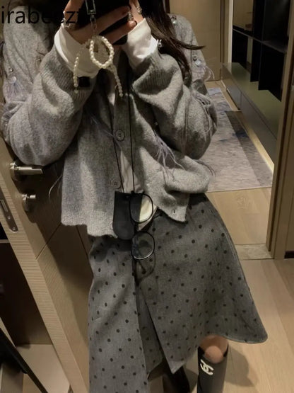 maoxiangshop  -  Retro Wear Two Sides Wear Pleated Polka-dot Skirt Women 2024 Fall/winter New Fashion Gray A-line Skirt