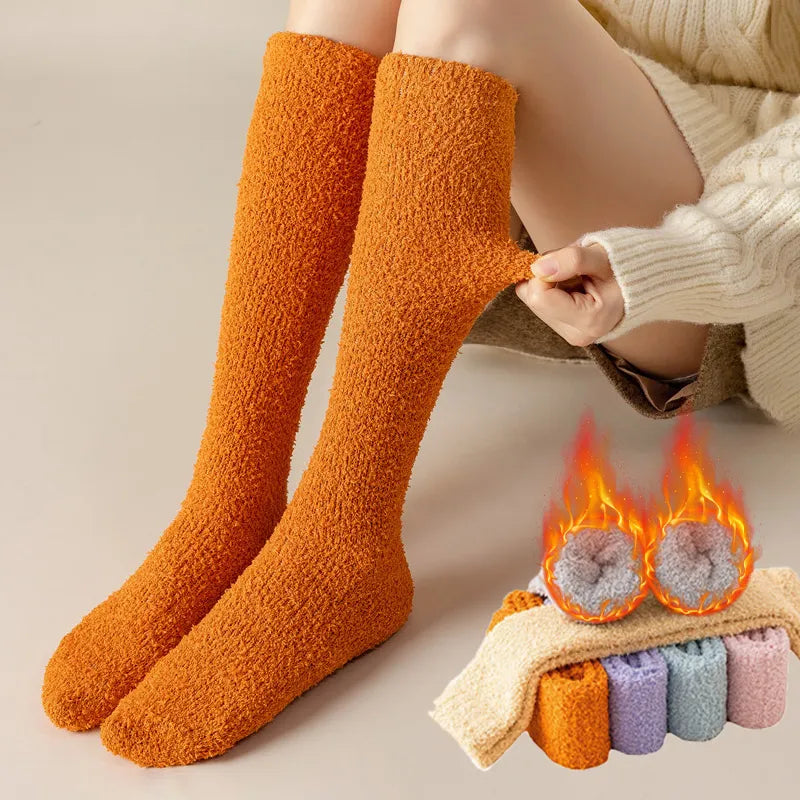 maoxiangshop Winter Warm Coral Fleece Over-knee High Socks Women Plush Lolita Home Sleep Floor Long Socking Jk Solid Soft Thigh High Fun Sock