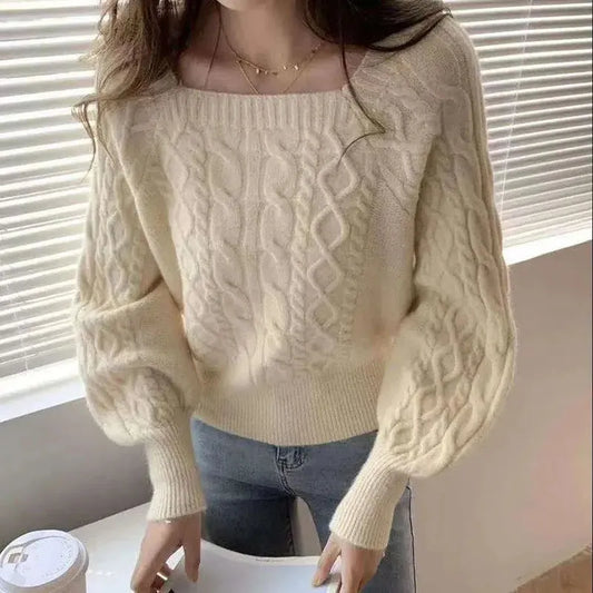 maoxiangshop Casual Knitted Sweater Women Pullover Autumn Winter Soft Thick Warm Wool Jumper Female All-Match Square Collar Sweaters